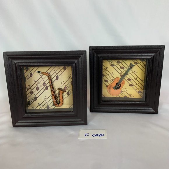 Framed Guitar and Saxophone Shadowboxes Glass Front Brown Trim Vintage - Picture 12 of 12